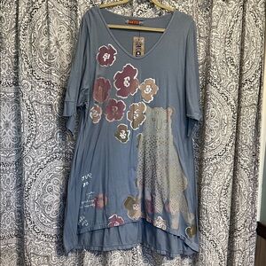 Blue Fish Slate Blue V-Neck Tunic with Floral & Jaguar Graphic